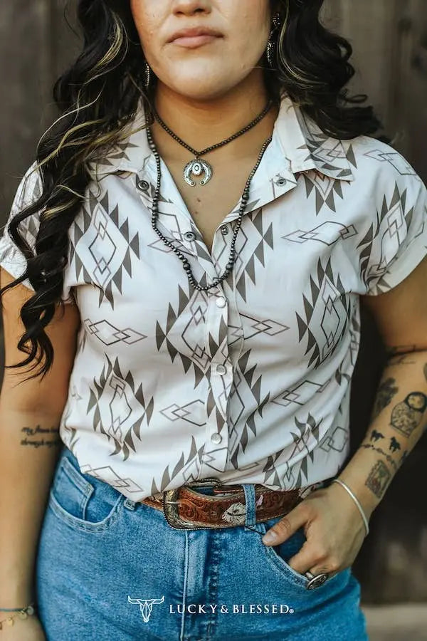 Beige Aztec Printed Pearl Snap Button Down Top LUCKY & BLESSED