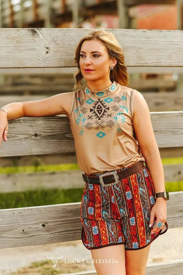 Beige Aztec Printed Stretch Top LUCKY & BLESSED