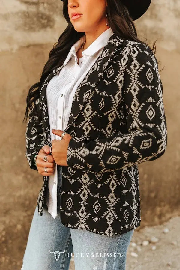 Black Aztec Woven Concho Button Down Blazer - Imperfectly Perfect Boutique