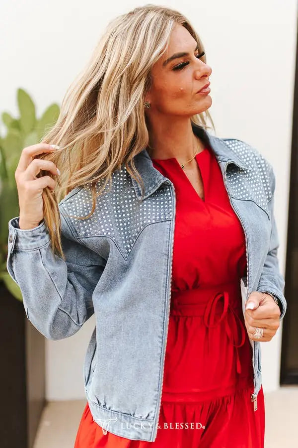 Mid Wash Stretch Denim Western Yoke Bomber Jacket - Imperfectly Perfect Boutique