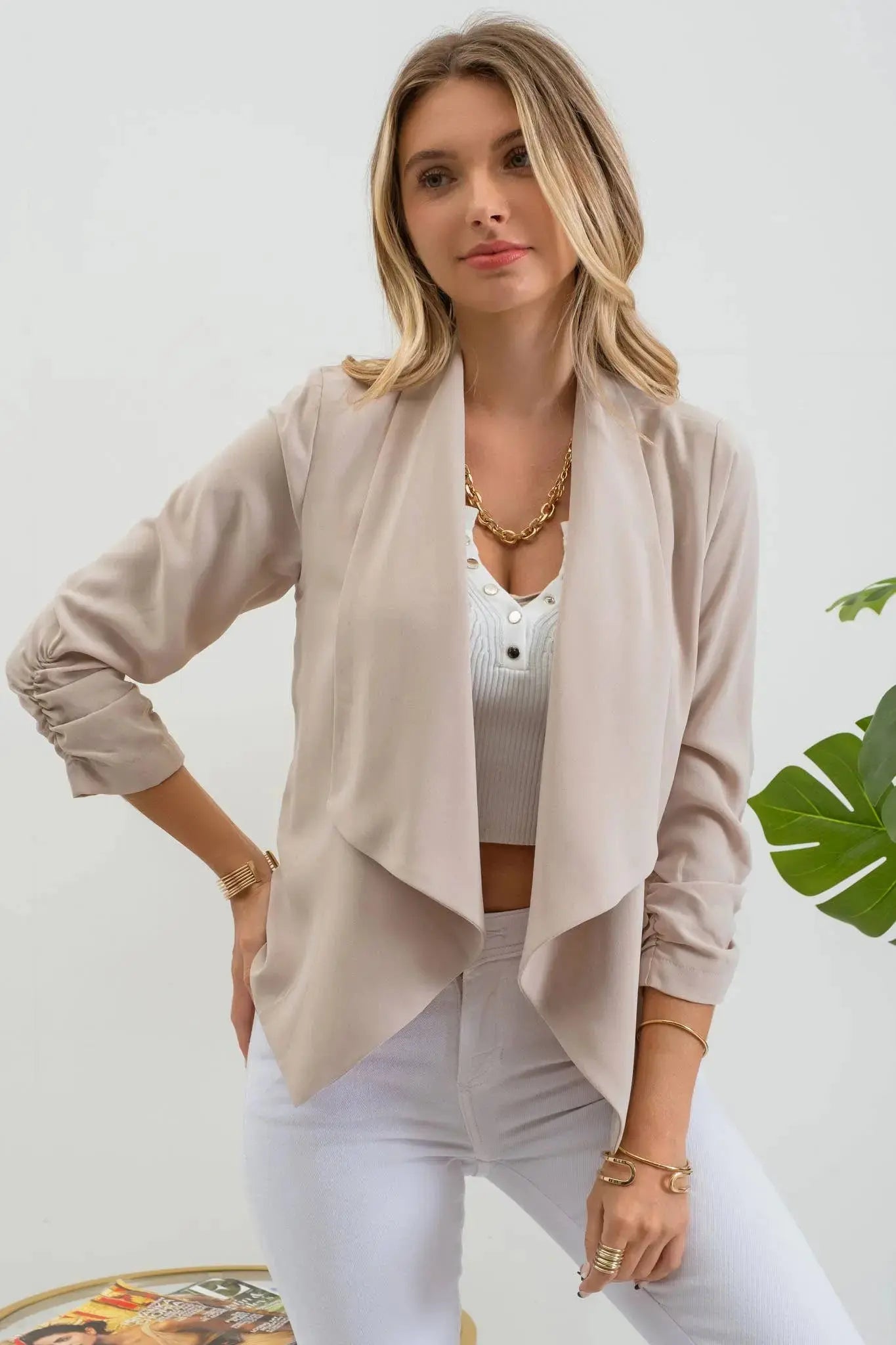 3/4 ROUCHED SLEEVE BLAZER - Imperfectly Perfect Boutique