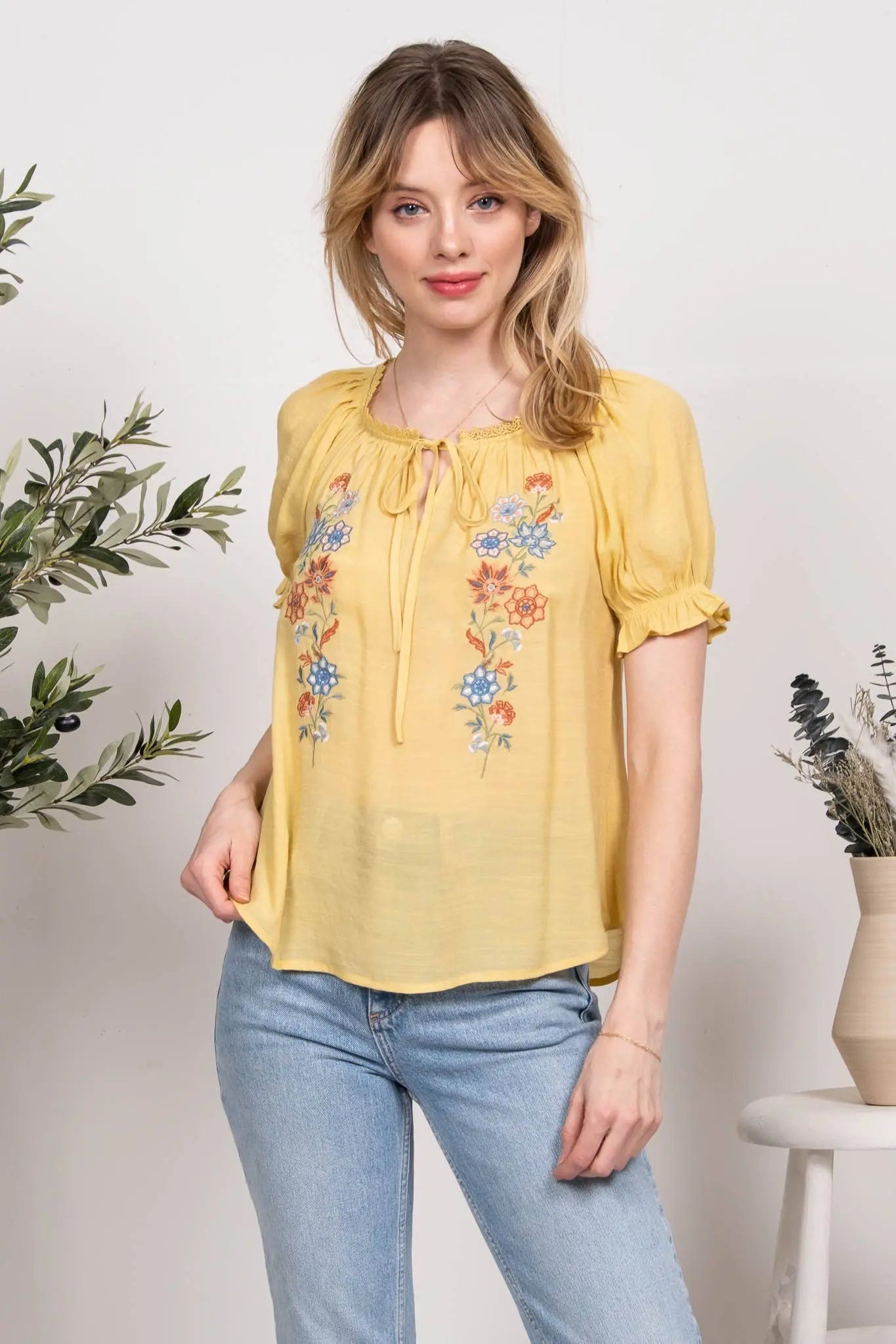 FLORAL EMBROIDERY WOVEN TOP - Imperfectly Perfect Boutique