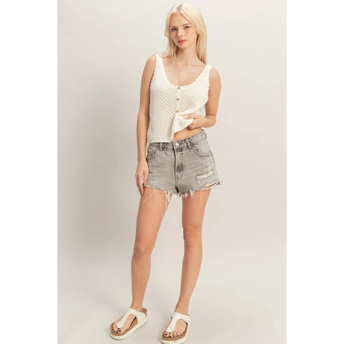 Open Knit Scallop Edge Button Front Tank Top - Imperfectly Perfect Boutique
