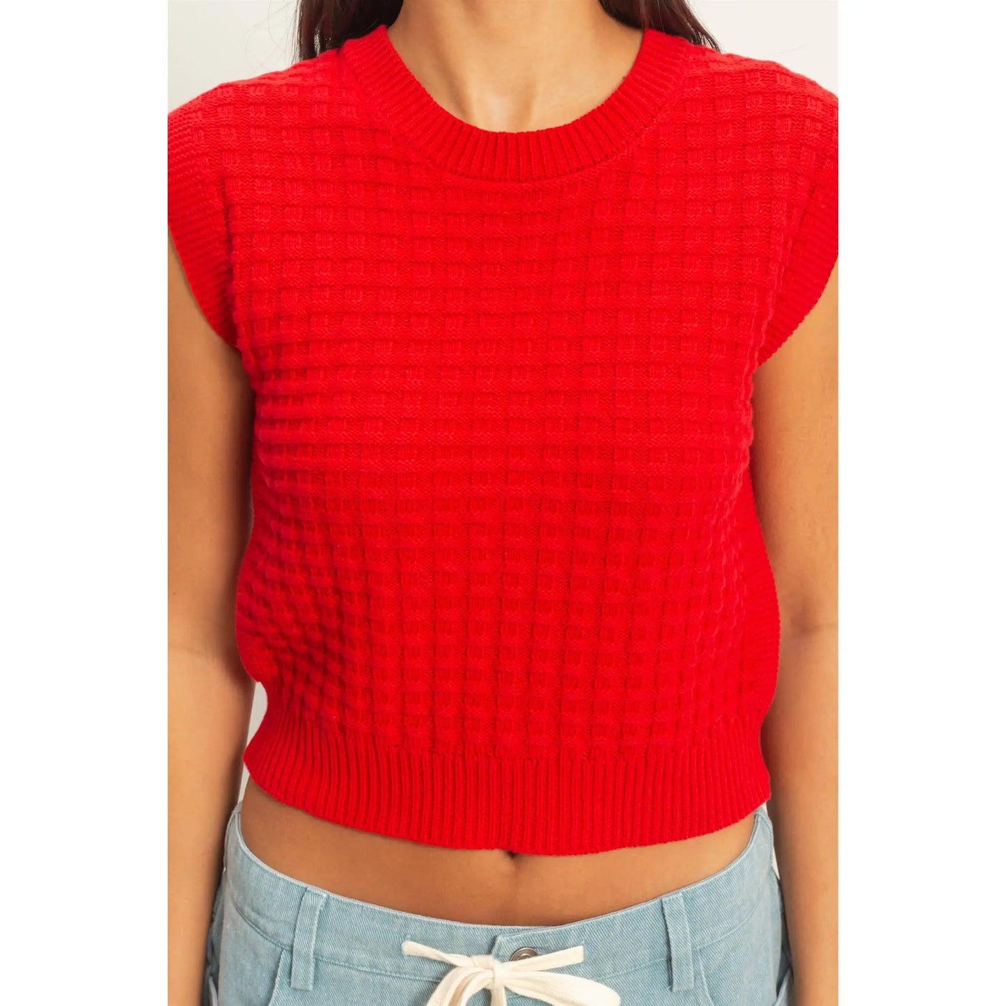 Red Basketweave Knit Cap‑Sleeve Top Imperfectly Perfect Boutique