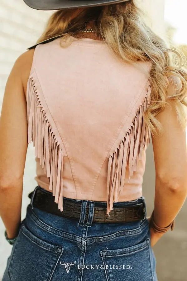 Soft Pink Suede Front Arch Fringe Top LUCKY & BLESSED