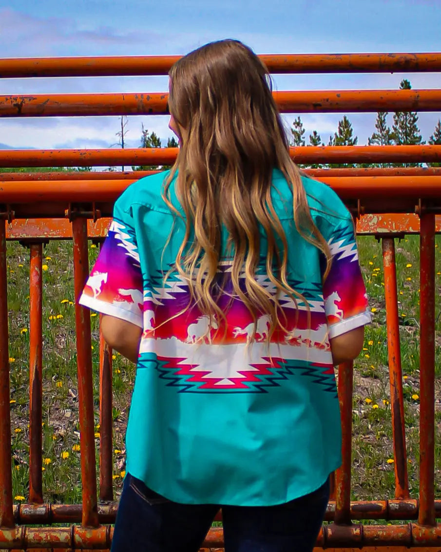 Teal Western Horse Button Down Top - Imperfectly Perfect Boutique