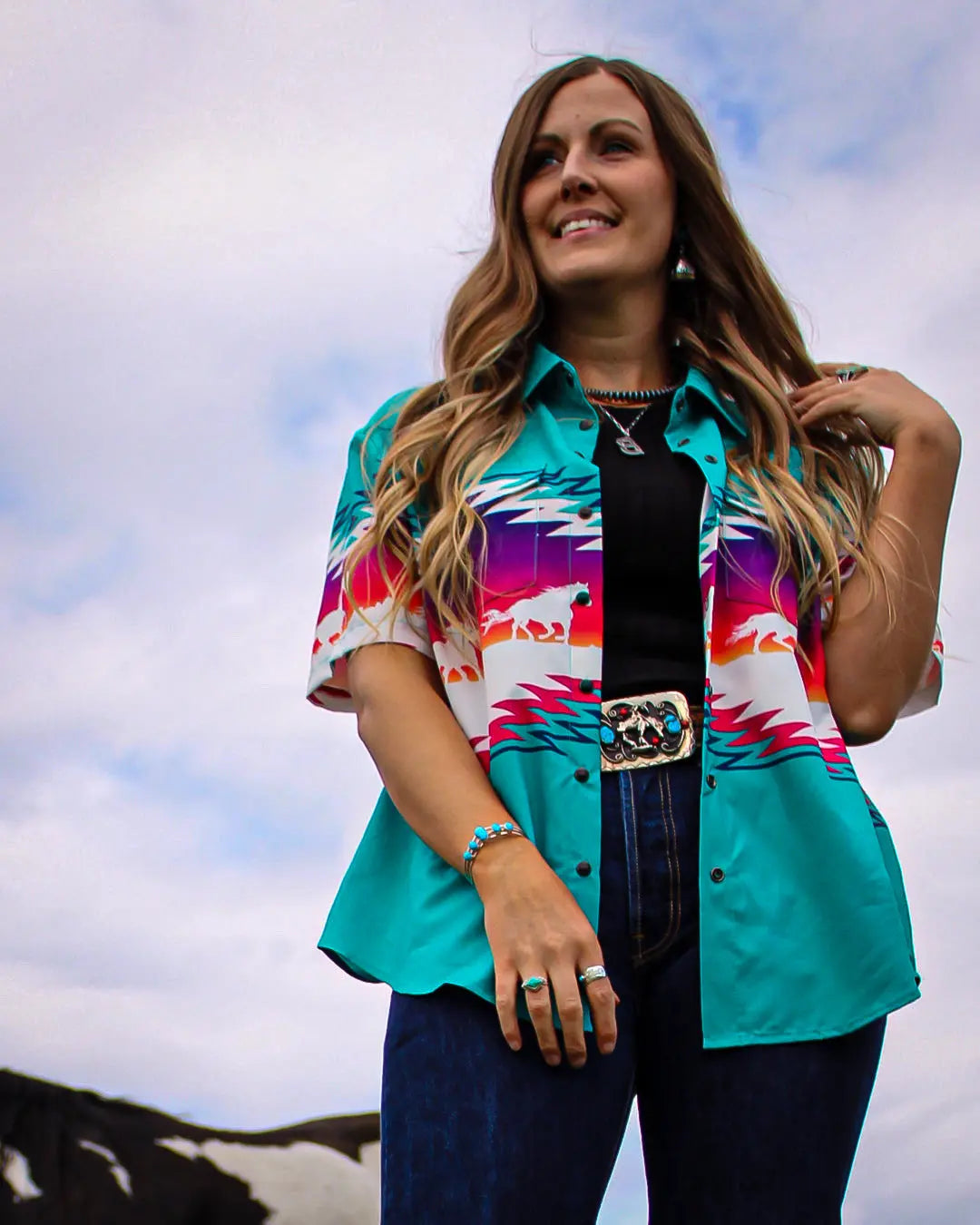 Teal Western Horse Button Down Top - Imperfectly Perfect Boutique