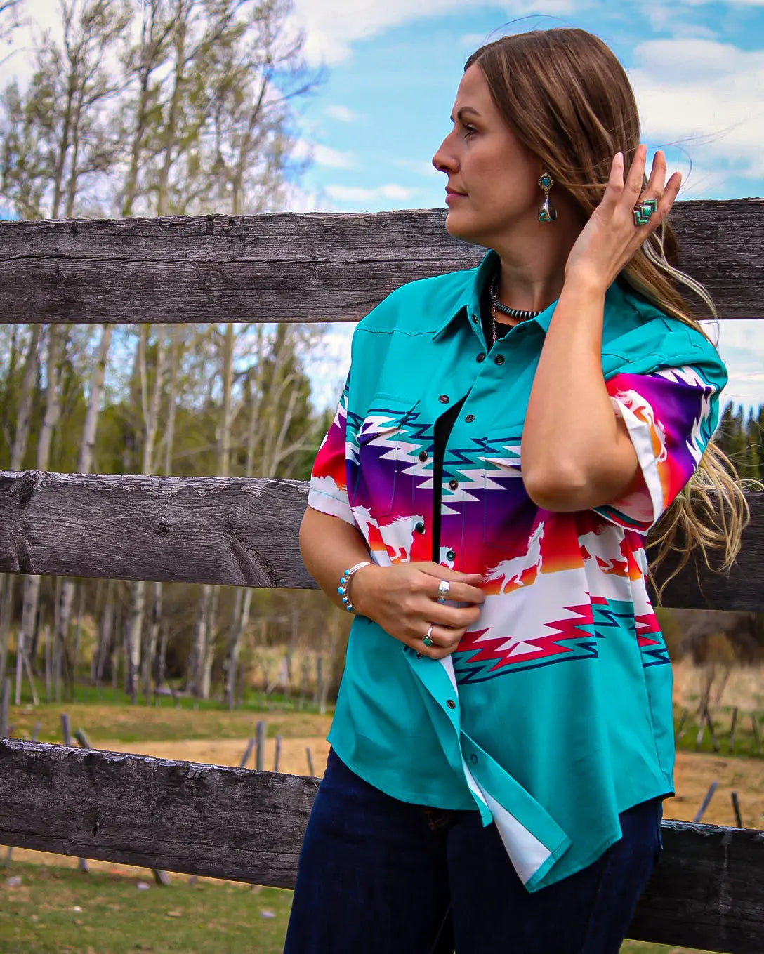 Teal Western Horse Button Down Top - Imperfectly Perfect Boutique