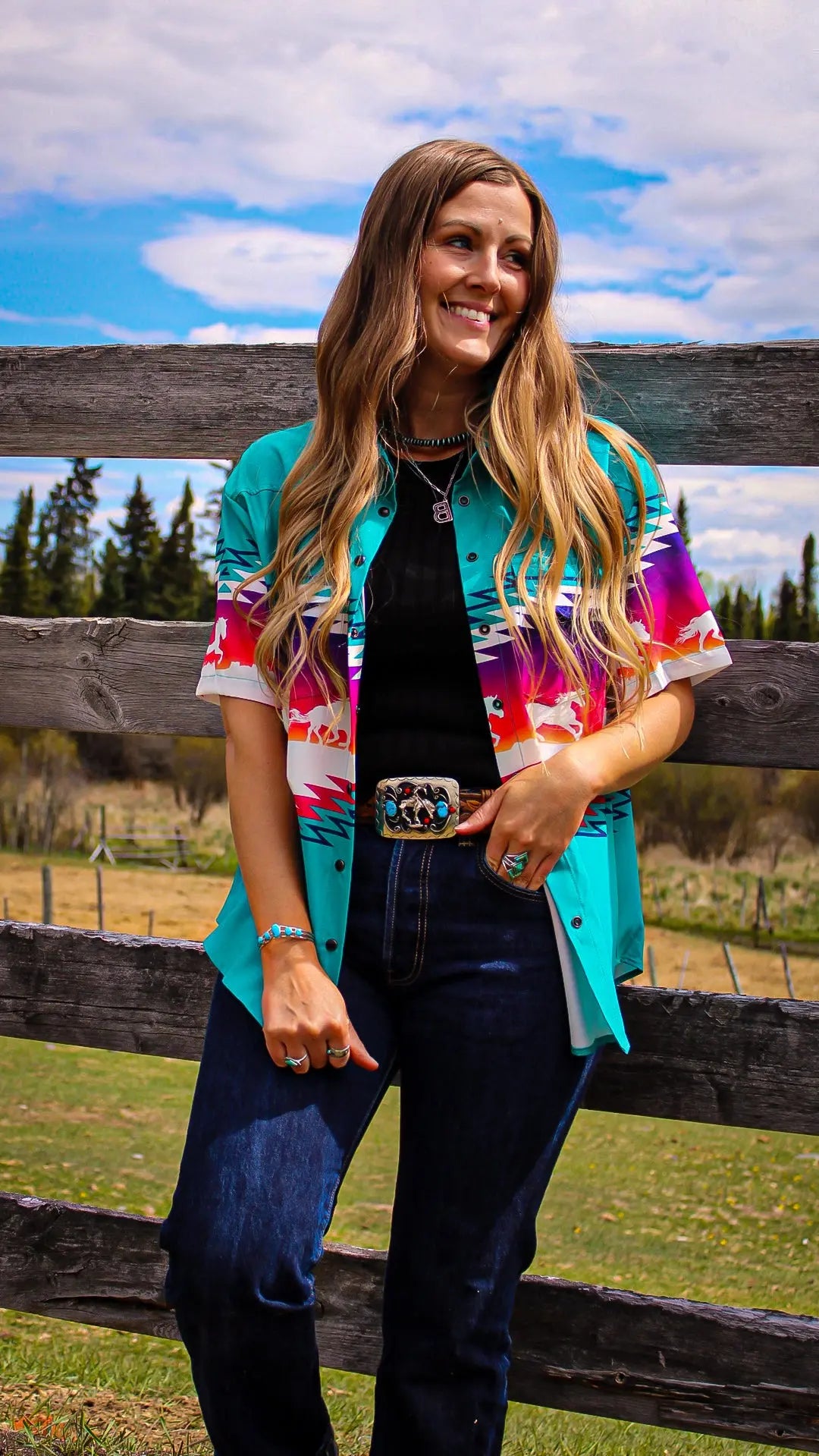 Teal Western Horse Button Down Top - Imperfectly Perfect Boutique