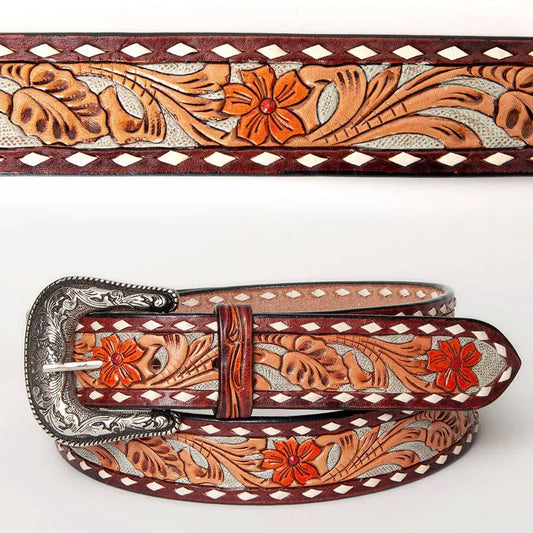 LC-ADBLF120 Tooled Leather Belt - Red Floral with Tan Scrolls and Diamond Border - Imperfectly Perfect Boutique