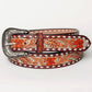 LC-ADBLF120 Tooled Leather Belt - Red Floral with Tan Scrolls and Diamond Border - Imperfectly Perfect Boutique