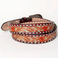LC-ADBLF120 Tooled Leather Belt - Red Floral with Tan Scrolls and Diamond Border - Imperfectly Perfect Boutique
