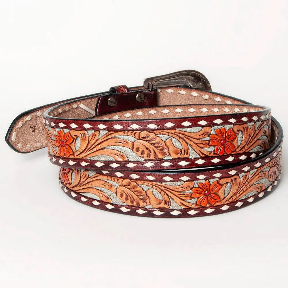 LC-ADBLF120 Tooled Leather Belt - Red Floral with Tan Scrolls and Diamond Border - Imperfectly Perfect Boutique