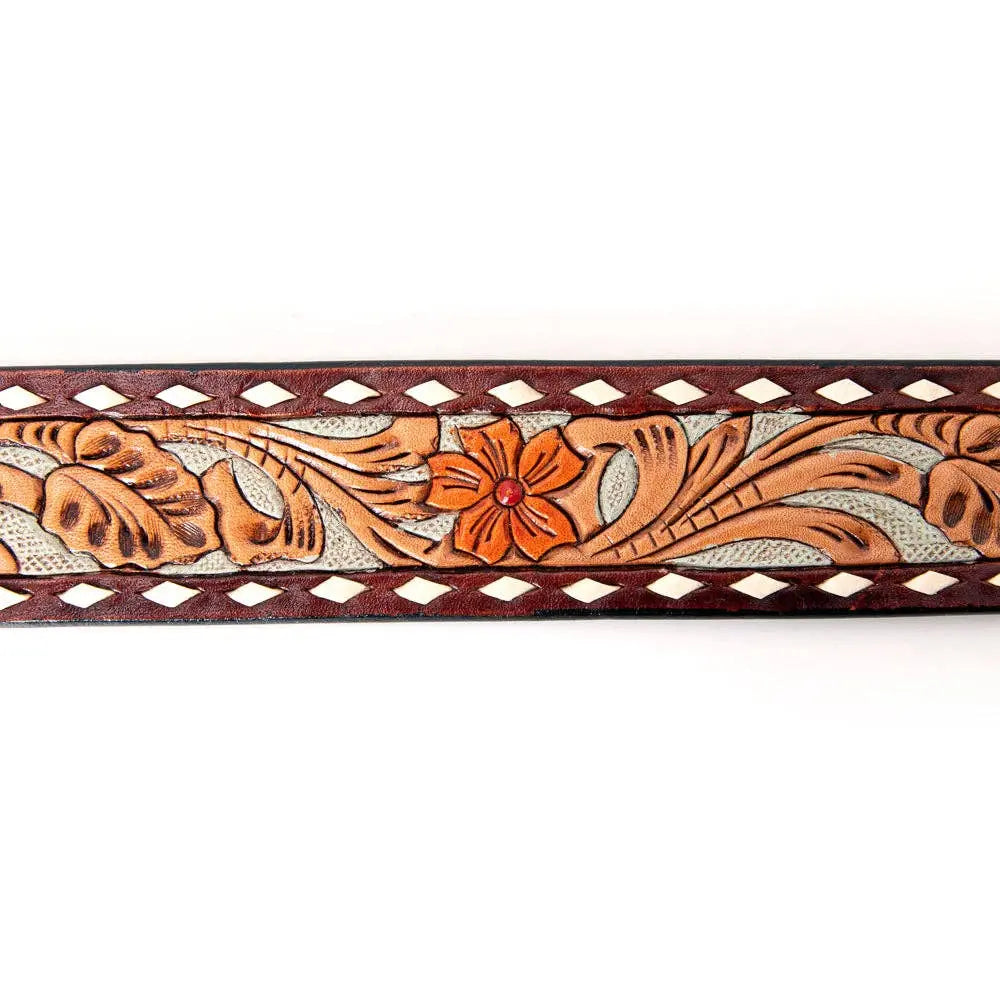 LC-ADBLF120 Tooled Leather Belt - Red Floral with Tan Scrolls and Diamond Border - Imperfectly Perfect Boutique