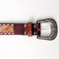 LC-ADBLF120 Tooled Leather Belt - Red Floral with Tan Scrolls and Diamond Border - Imperfectly Perfect Boutique
