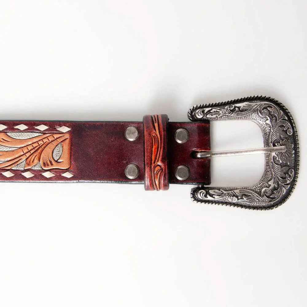 LC-ADBLF120 Tooled Leather Belt - Red Floral with Tan Scrolls and Diamond Border - Imperfectly Perfect Boutique