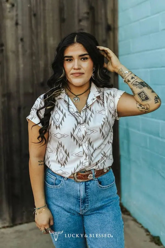 Beige Aztec Printed Pearl Snap Button Down Top LUCKY & BLESSED
