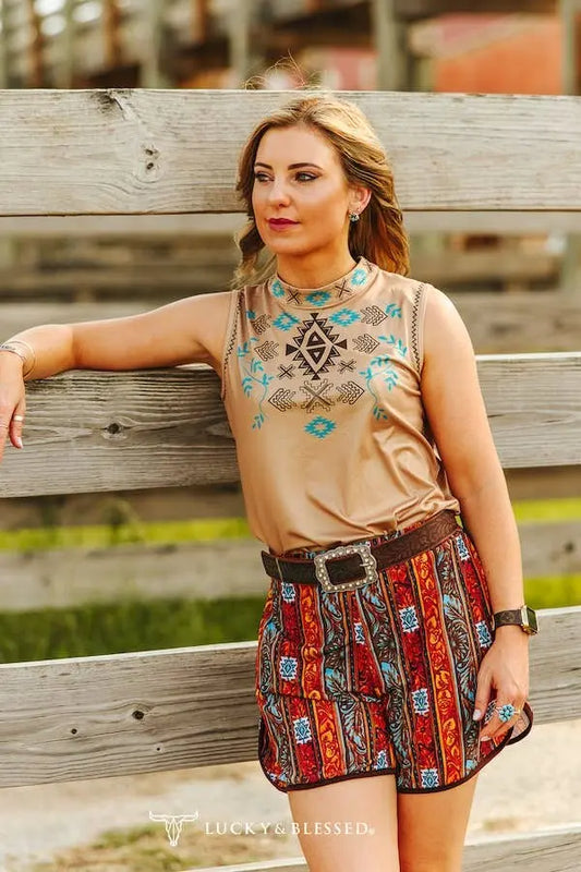 Beige Aztec Printed Stretch Top LUCKY & BLESSED