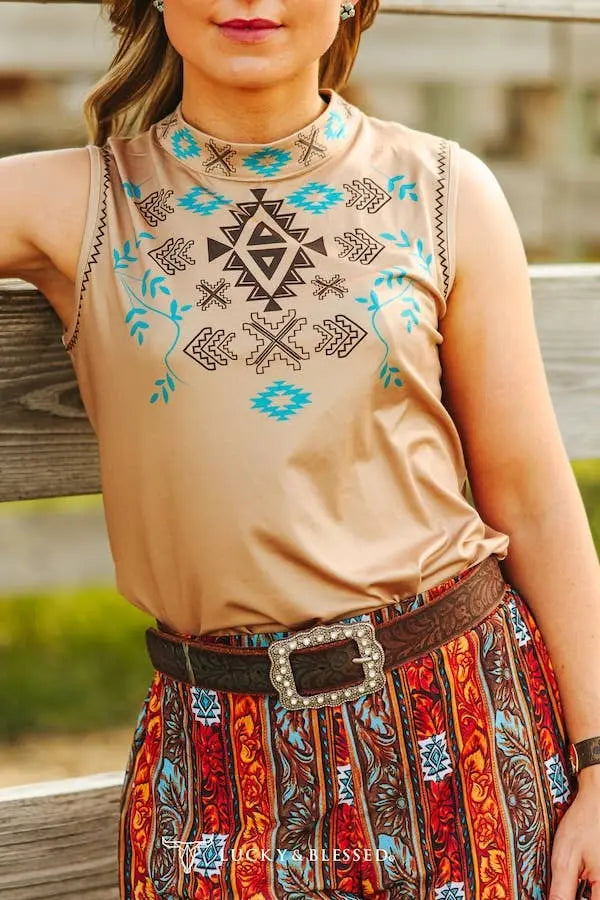 Beige Aztec Printed Stretch Top LUCKY & BLESSED