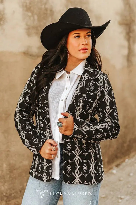 Black Aztec Woven Concho Button Down Blazer - Imperfectly Perfect Boutique