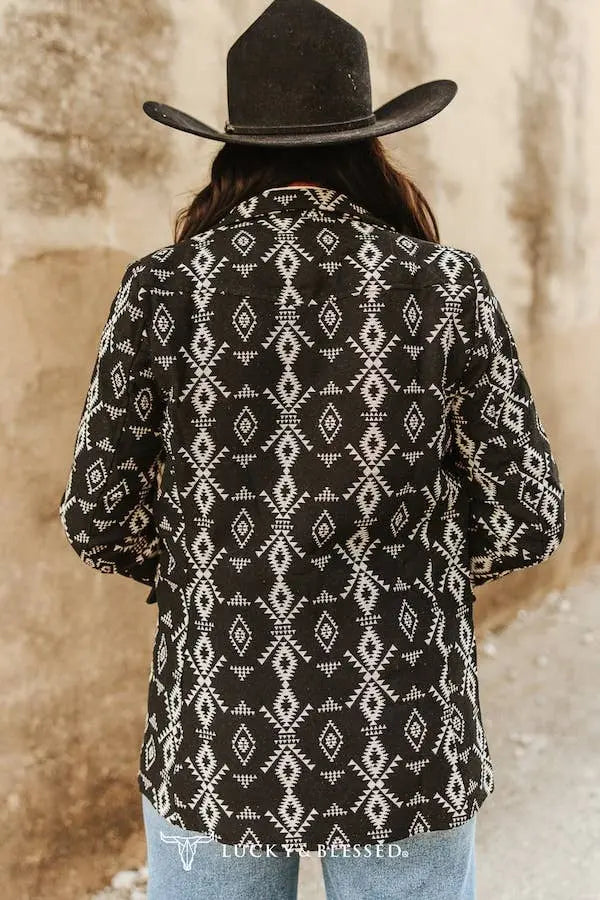 Black Aztec Woven Concho Button Down Blazer - Imperfectly Perfect Boutique