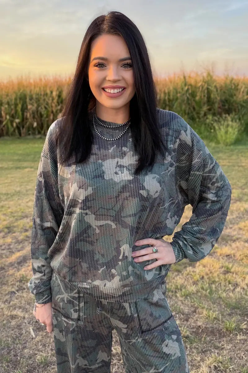 Canyon Camo Sweater Top - Imperfectly Perfect Boutique