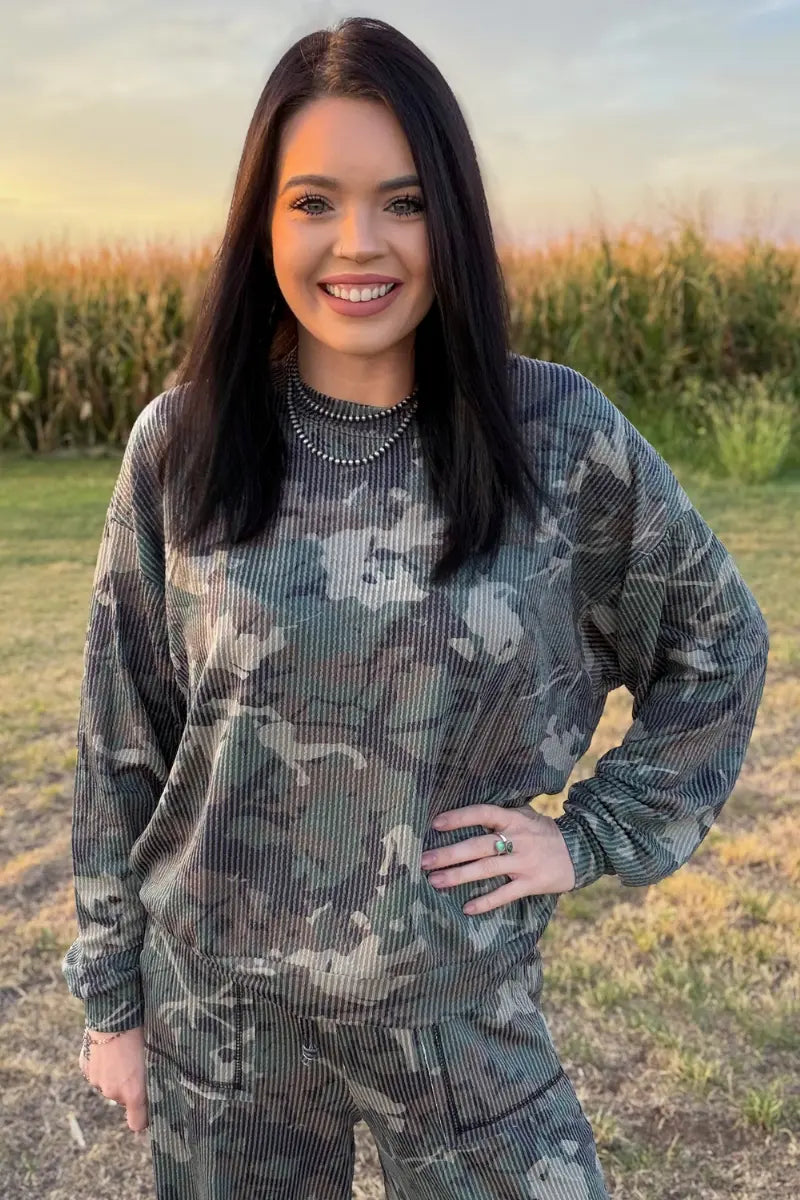 Canyon Camo Sweater Top - Imperfectly Perfect Boutique