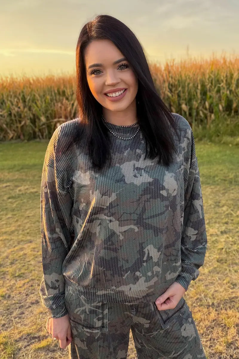 Canyon Camo Sweater Top - Imperfectly Perfect Boutique