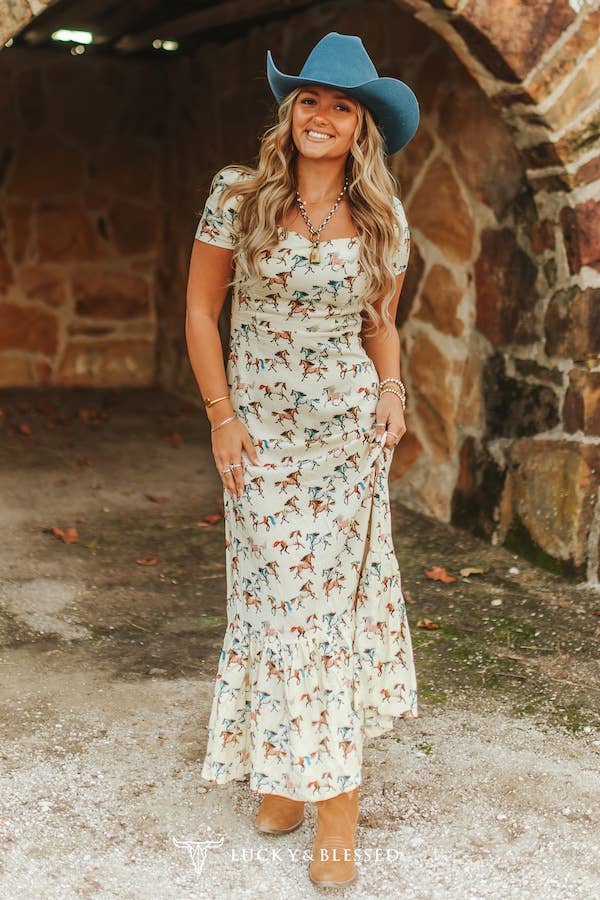 Cream Running Horse Printed Ruffle Hem Dress - Imperfectly Perfect Boutique