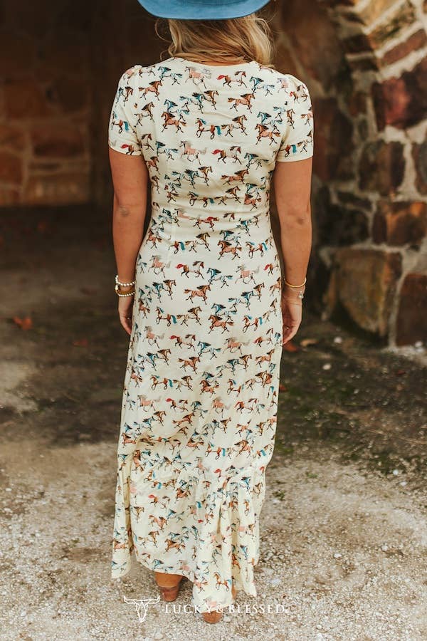 Cream Running Horse Printed Ruffle Hem Dress - Imperfectly Perfect Boutique