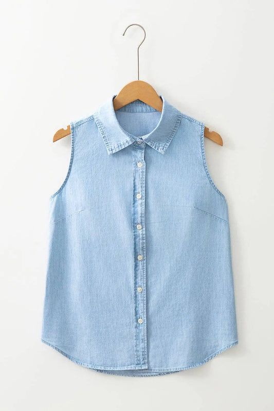 Denim Sleeveless Button Front Shirt - Imperfectly Perfect Boutique
