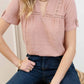 SHORT TAB SLEEVE SPLIT NECK  LACE TRIM BLOUSE - Imperfectly Perfect Boutique