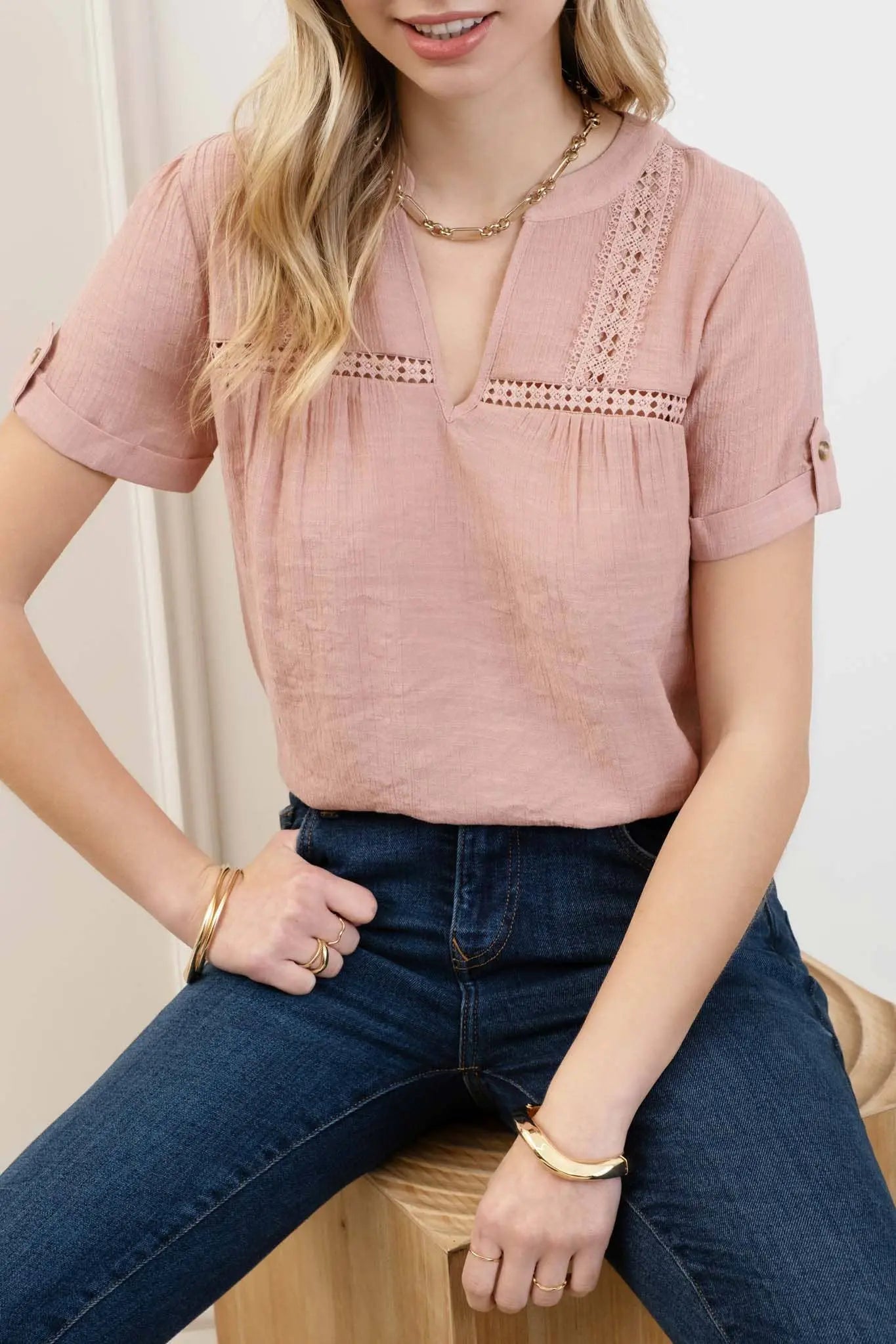 SHORT TAB SLEEVE SPLIT NECK  LACE TRIM BLOUSE - Imperfectly Perfect Boutique