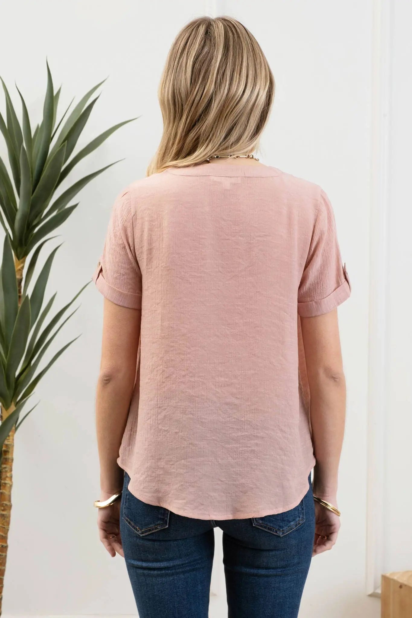 SHORT TAB SLEEVE SPLIT NECK  LACE TRIM BLOUSE - Imperfectly Perfect Boutique