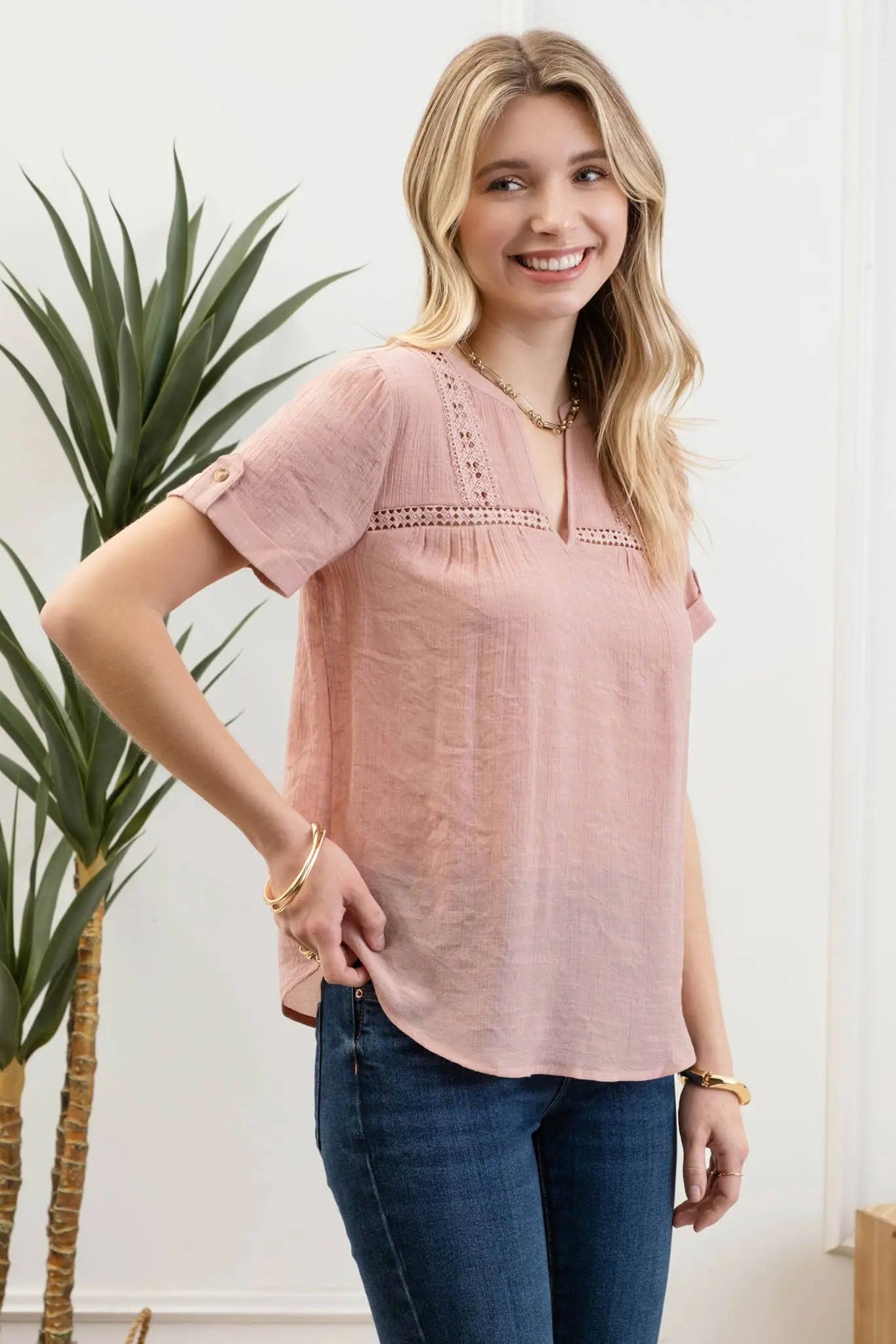 SHORT TAB SLEEVE SPLIT NECK  LACE TRIM BLOUSE - Imperfectly Perfect Boutique