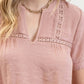 SHORT TAB SLEEVE SPLIT NECK  LACE TRIM BLOUSE - Imperfectly Perfect Boutique