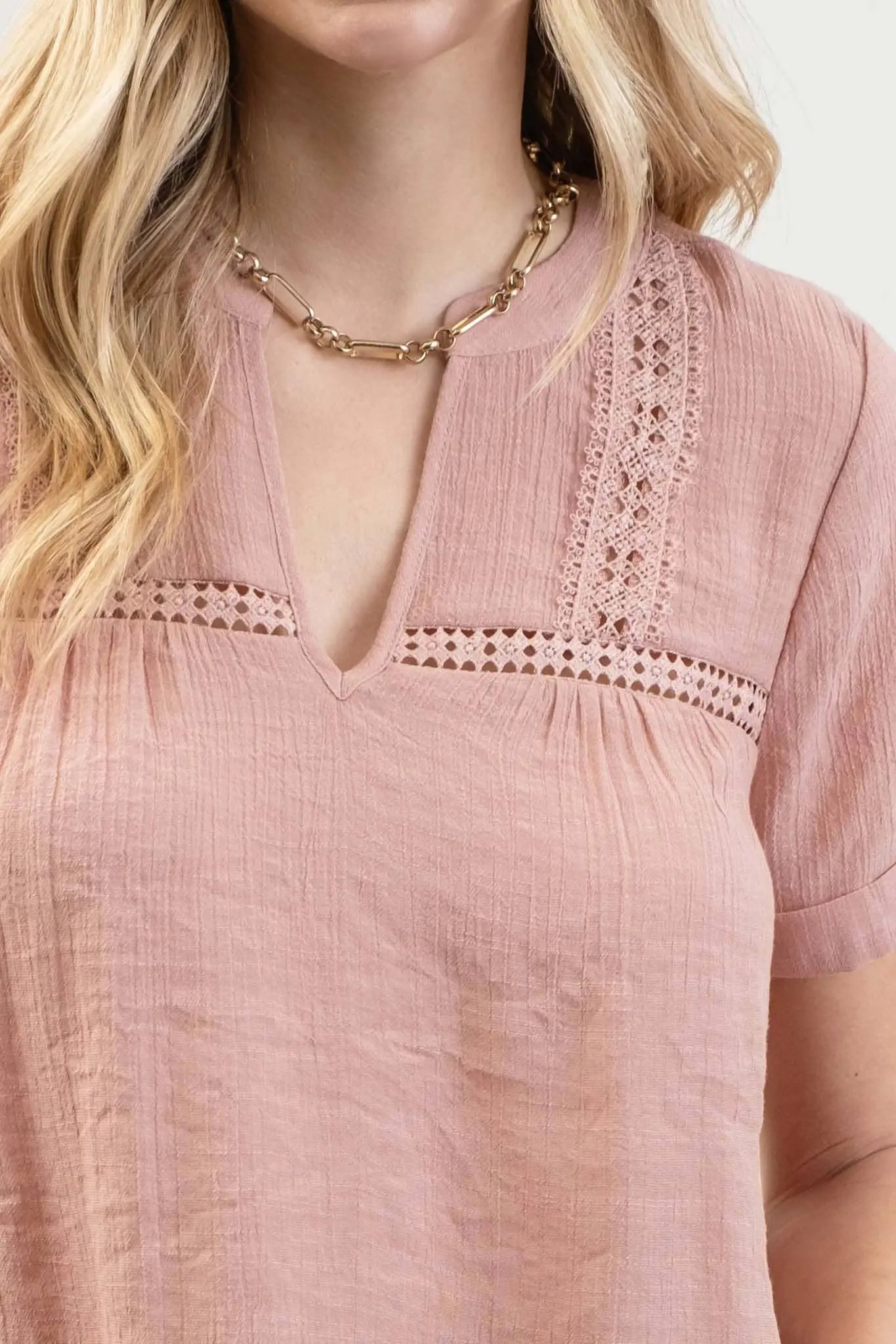 SHORT TAB SLEEVE SPLIT NECK  LACE TRIM BLOUSE - Imperfectly Perfect Boutique