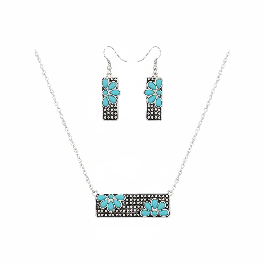 Faux Turquoise Floral Rectangle Jewelry Set Imperfectly Perfect Boutique
