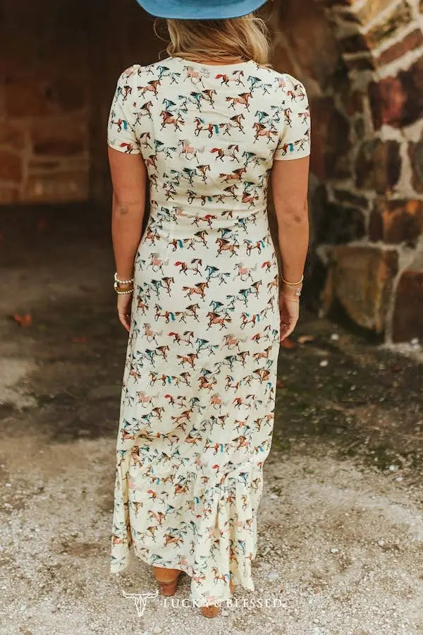 Cream Running Horse Printed Ruffle Hem Dress - Imperfectly Perfect Boutique