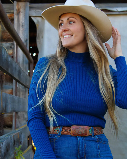 Jane Mock Neck Ribbed Top - Teal Blue - Imperfectly Perfect Boutique