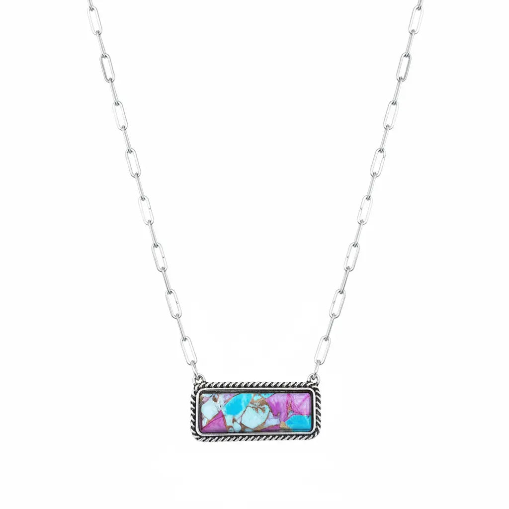 Multicolor Inlay Rectangle Pendant Necklace Imperfectly Perfect Boutique