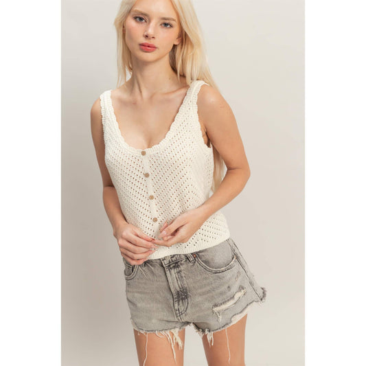 Open Knit Scallop Edge Button Front Tank Top - Imperfectly Perfect Boutique