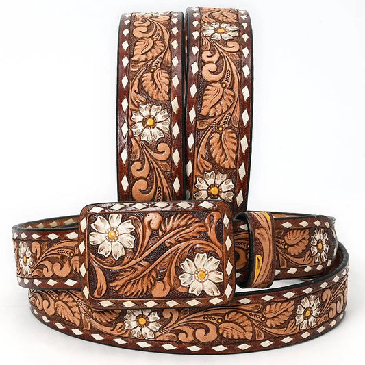 ADBLF184 Handtooled Western Leather Belt - White Daisy Floral Design with Matching Buckle - Imperfectly Perfect Boutique