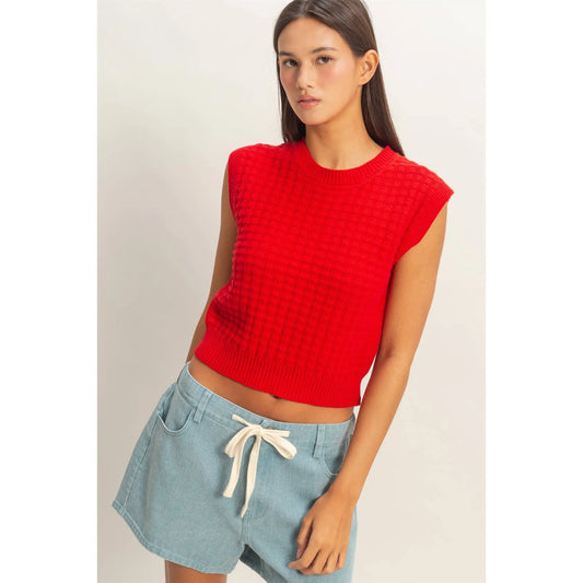 Red Basketweave Knit Cap‑Sleeve Top Imperfectly Perfect Boutique
