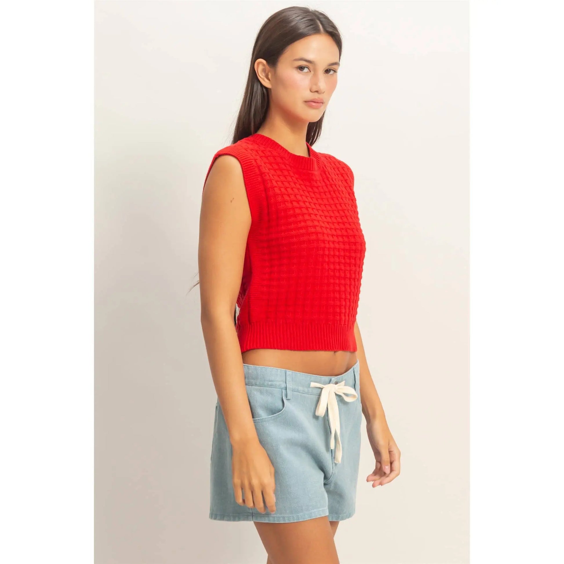 Red Basketweave Knit Cap‑Sleeve Top Imperfectly Perfect Boutique