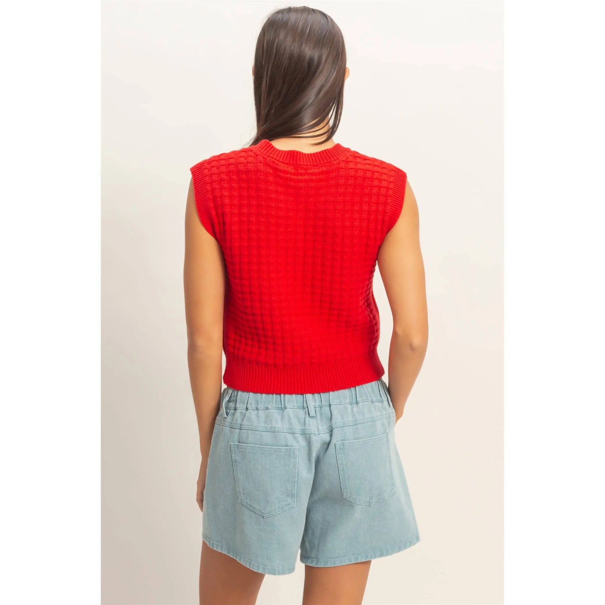Red Basketweave Knit Cap‑Sleeve Top Imperfectly Perfect Boutique