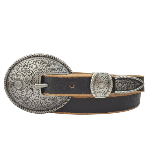 Vintage Skinny Leather Belt w.  antique silver floral buckle - Imperfectly Perfect Boutique