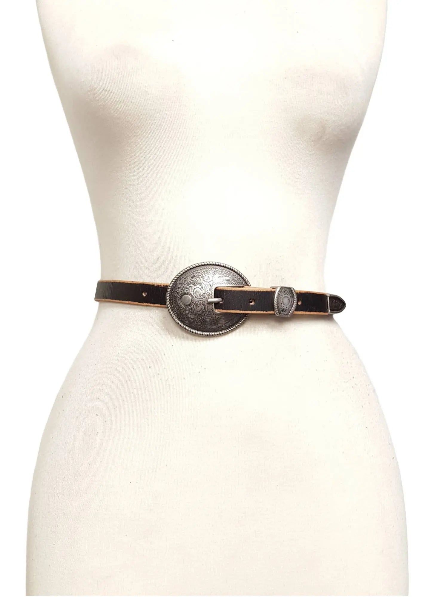 Vintage Skinny Leather Belt w.  antique silver floral buckle - Imperfectly Perfect Boutique