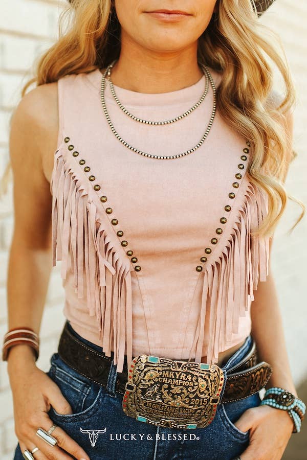 Soft Pink Suede Front Arch Fringe Top