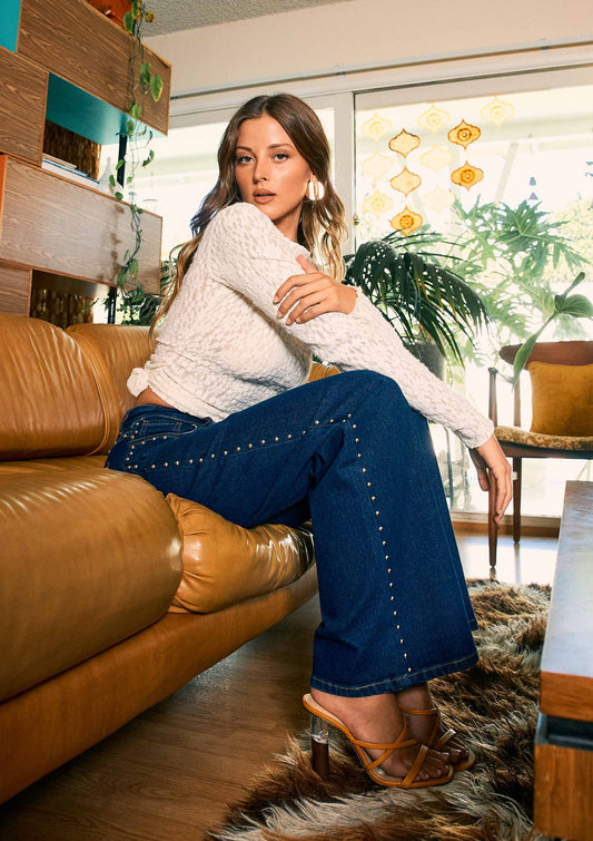 Women’s Dark Denim Western Wide Leg Jeans with Stud Details